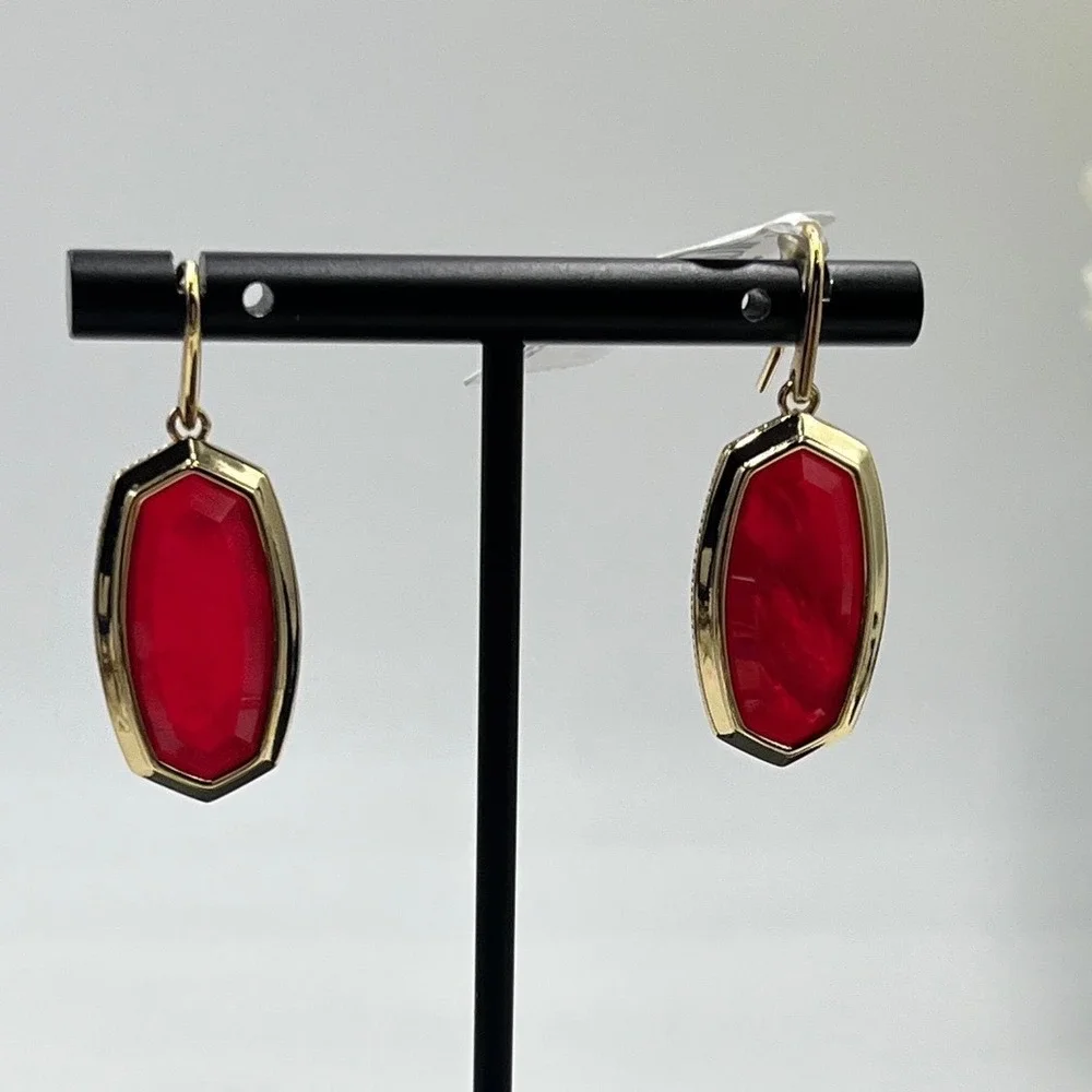 Kendra Scott Dani Carmine Red Illusion Bezel Drop Dangle Gold Plated Earrings